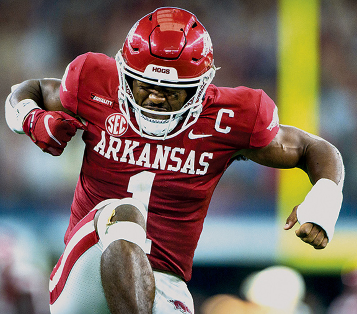 Arkansas Razorbacks defensive back Jalen Catalon (1) celebrates during the second half against the Texas A&M Aggies at AT&T Stadium.